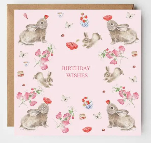 Rabbits Pink Picnic Birthday Card