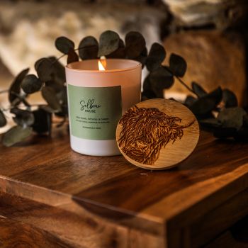 Glass Candle with Etched Highland Cow Design Lid