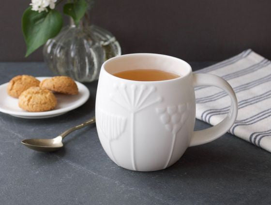 Repeat Repeat's White Bone China Plum Meadow mug. Made in England.