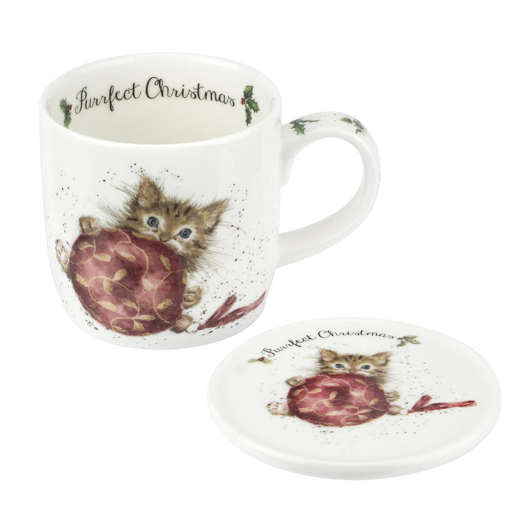 Purrfect Christmas Fine Bone China Mug & Coaster Set from Wrendale Designs and Portmeirion