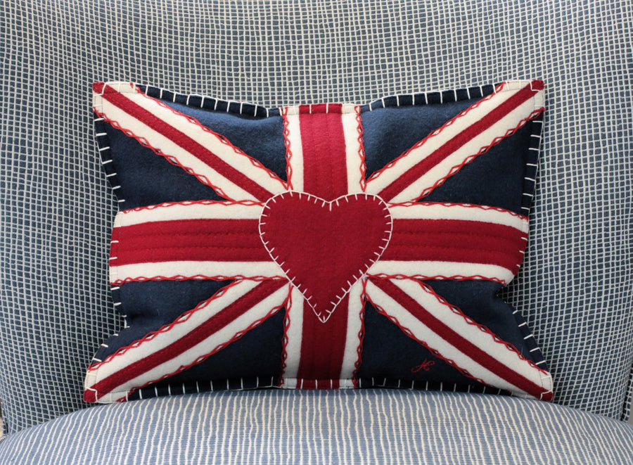 Navy Blue Union Jack crunch pure wool pillow from British designer Jan Constantine.