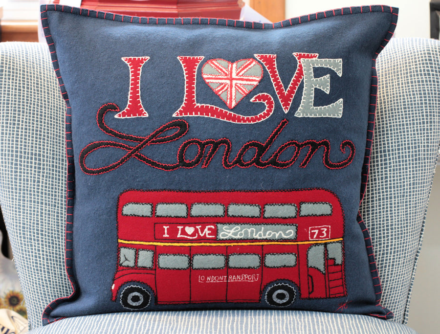 Hand-embroidered I Love London Bus Cushion from British Designer Jan Constantine.