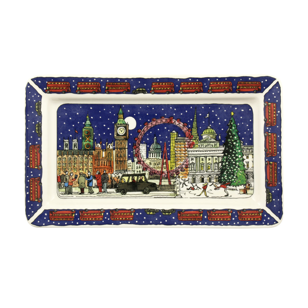 Handmade medium oblong plate in Emma Bridgewater's London at Christmas pattern.