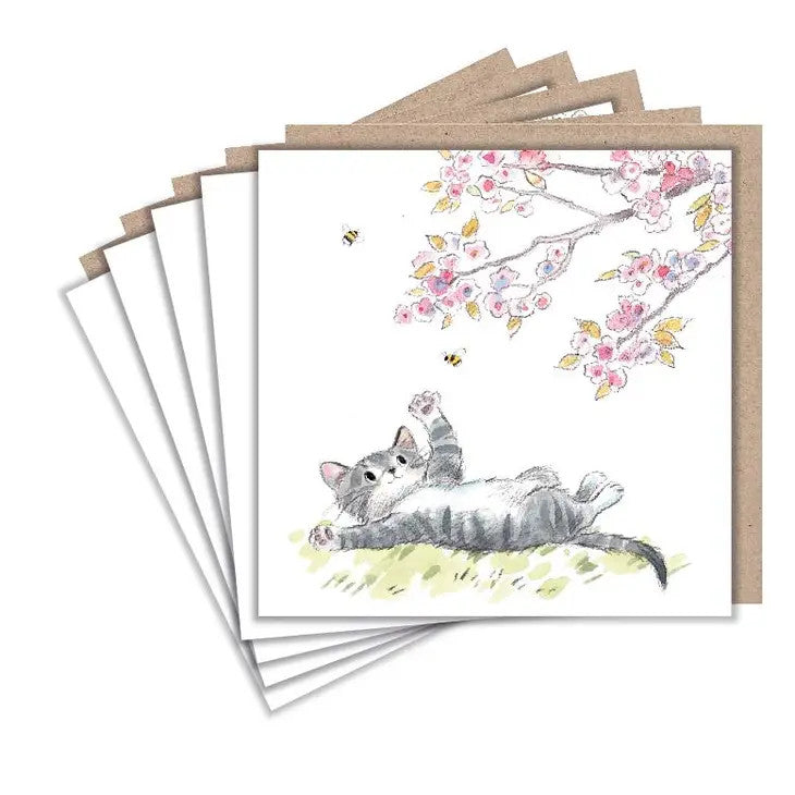 Cat with Cherry Blossoms Set of 5 Notecards by Paper Shed Designs.