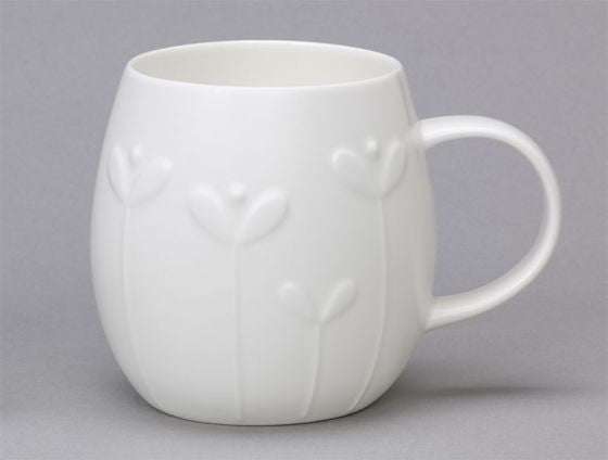 Repeat Repeat's White Bone China Large Plum Cress mug. Made in England.