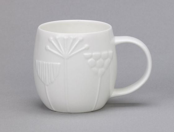 Repeat Repeat's White Bone China Plum Meadow mug. Made in England.