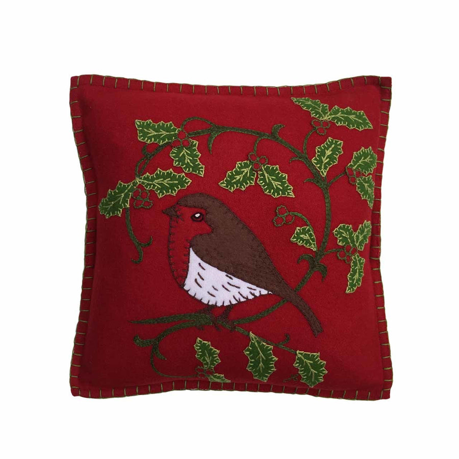 Holly Robin cushion in red. Hand embroided from Jan Constantine, England.