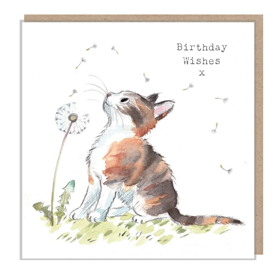 Cat with Dandelion Happy Birthday Greetings Card by Paper Shed Design