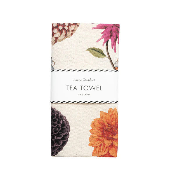 In Bloom Multi Dahlias Linen Tea Towel by Laura Stoddart